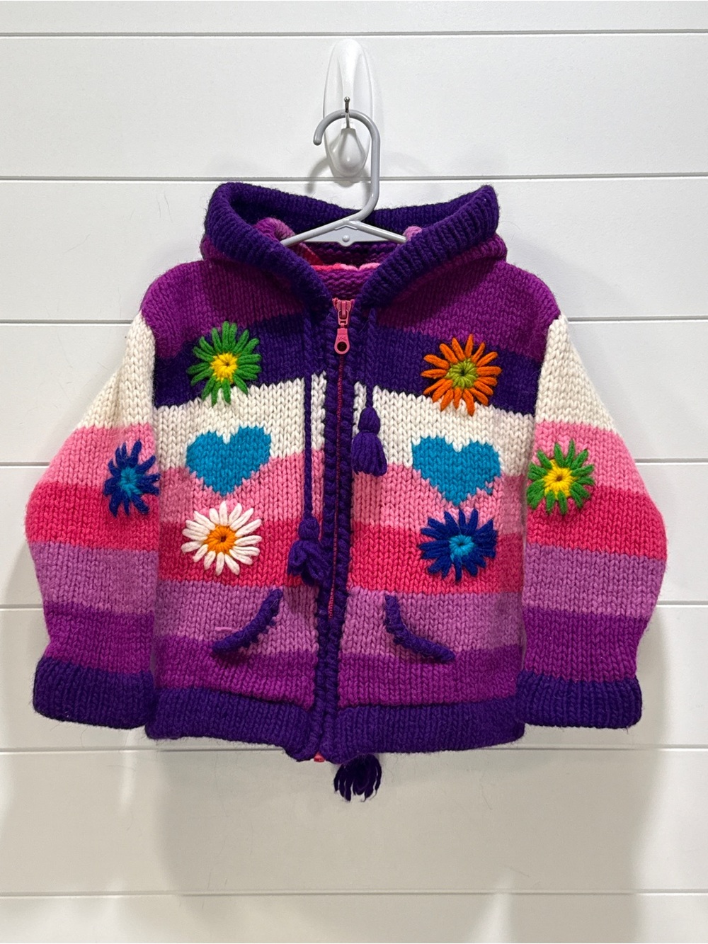 Handmade Peruvian Colorful Striped Hooded Kids Jacket with Floral Appliques